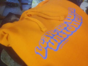 Orange Rockstar Racing hoody with blue leave no turn unstoned print.